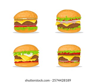 Illustrated Set of Cheeseburgers with Lettuce, Tomatoes, and Various Toppings