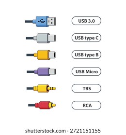 Illustrierte Reihe von gängigen Kabelsteckern, einschließlich USB-Typen und Audiosteckern, deutlich gekennzeichnet für einfache Identifizierung und technische Ausbildung.