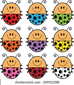Illustrated set of cute cartoon ladybugs. 