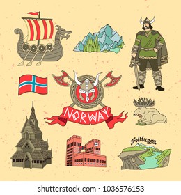 Illustrated set with elements of Norwegian culture