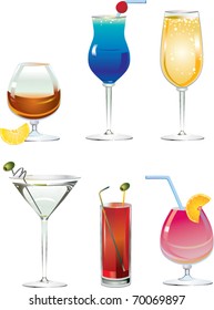 An illustrated set of fancy drink cocktails isolated on white