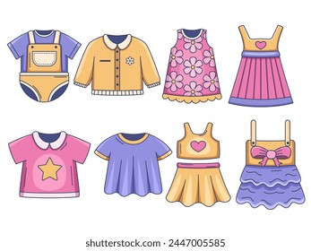 Illustrated set featuring a variety of baby and children's clothing, from adorable outfits to stylish dresses and cozy sweaters. This collection features colorful clothing perfect for kids and babies