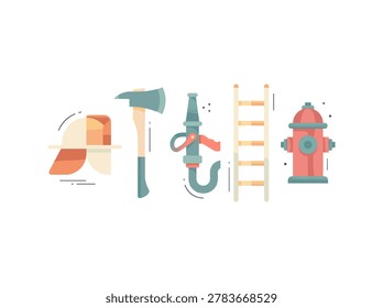 Illustrated set of firefighter essentials including helmet, axe, hose, ladder, and fire hydrant in a clean flat design style.