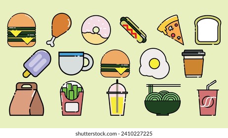 Illustrated set food icon collection concept sticker set of fast food flat vector isolated on white