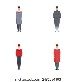 Illustrated set of four train conductors in different uniforms and poses, isolated on white