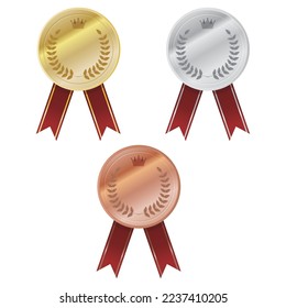 Illustrated set of gold, silver, and bronze medals with red ribbons with gold lines.