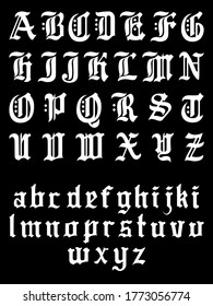 An illustrated set of hand drawn letters, in both uppercase and lowercase, inspired by gothic typefaces.