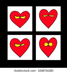 Illustrated set of heart characters. Mood love. Can be used as stickers and patches, and for decorating cards and cover notebooks. Template for Valentine's day