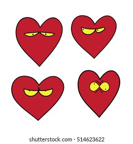 Illustrated set of heart characters. Mood love. Can be used as stickers and patches, and for decorating cards and cover notebooks and notebooks. Template for Valentine's day