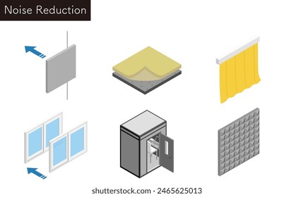 Illustrated set of noise reduction measures that can be taken in rental properties - Translation: Noise reduction measures that can be taken in rental properties