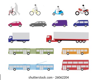 illustrated set of pedestrian, road and public transport vehicles