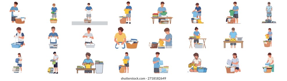 Conjunto ilustrado de Personas plegables de lavandería. Hombres y mujeres jóvenes que realizan tareas domésticas, organizan ropa limpia y gestionan la colección de las tareas domésticas.