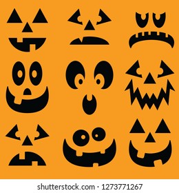 Illustrated set of pumpkin faces for Halloween. 