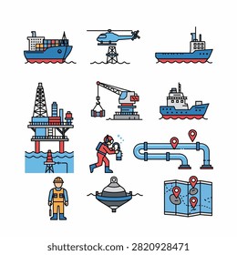 Illustrated set of ships cranes divers and oil rigs for industrial themes