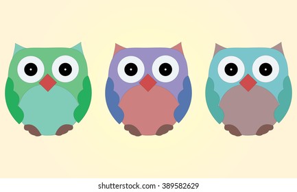 Illustrated set of three cute cartoon owls - green, purple and blue. 