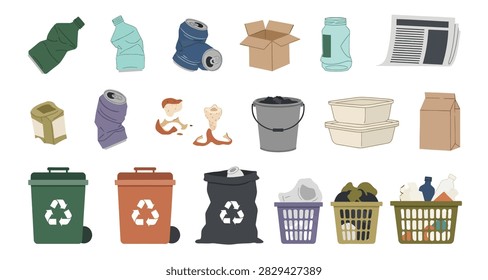 Illustrated set of trash bins and recyclable items for waste sorting