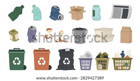 Illustrated set of trash bins and recyclable items for waste sorting
