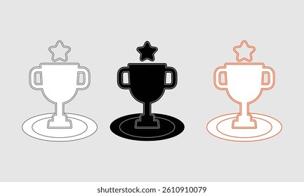 Illustrated set of trophy icons featuring star shapes on tops and outlines in various styles and colors, suitable for awards and success themes.