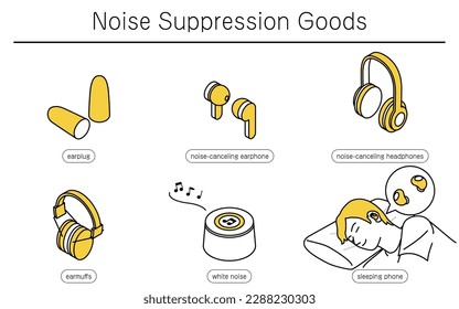 Illustrated set of user-friendly noise-reducing products, Vector Illustration