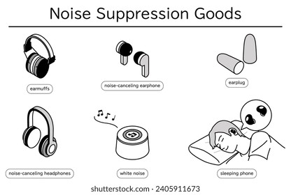 Illustrierte Sammlung benutzerfreundlicher, lärmmindernder Produkte, Vektorgrafik
