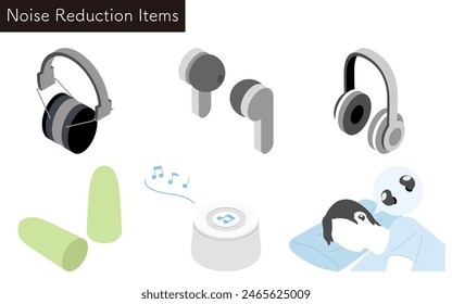 Illustrated set of user-friendly noise-reducing products - Translation: Easy-to-use noise reduction products