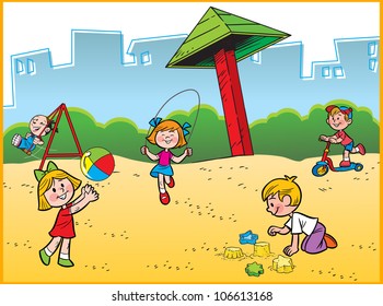 The illustrated several kids in a sandbox.They play ball, jump, play in the sand.An illustration is divided into layers.