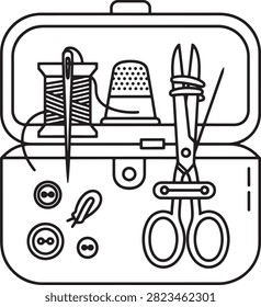 Illustrated sewing toolset featuring scissors, thimble, needles, buttons, and thread in an open container