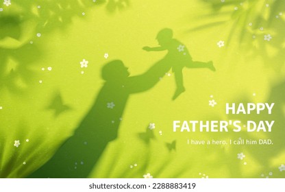 Illustrated shadow of dad lifting son high up to the sky, butterflies, and grass reflecting on meadow with blooming flowers. Suitable for Father's Day