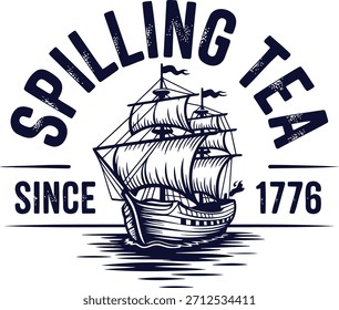 Barco ilustrado derramando té sobre fondo transparente con texto desde 1776