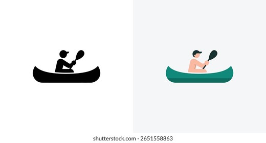 Illustrated side view showcases a male figure paddling a turquoise colored canoe and wearing a cap with a paddle held high in the hand, in both color and black.