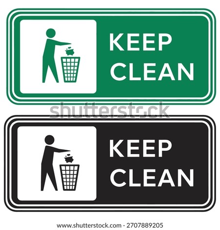 Illustrated Signs for Maintaining Cleanliness Featuring a Person Disposing of Trash into a Bin in Green and Black Variations Encouraging Environmental Responsibility
