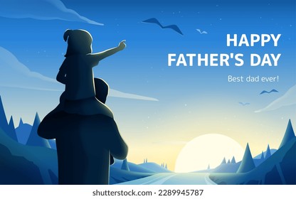 Illustrated silhouette of daughter sits on father's shoulders and pointing at the sky during a serene sunrise landscape. Suitable for Father's Day