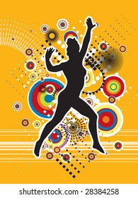 Illustrated silhouette of a person jumping in the air against a colorful retro design. Orange background.
