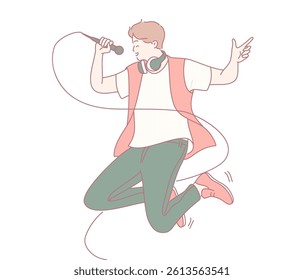 An illustrated singer is energetically performing on stage, using a microphone and wearing stylish headphones