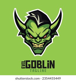 Illustrated Sinister Green Goblin: Logo, Mascot, Illustration, Vector Graphic for Athletics and E-Gaming Organizations, Wrathful Goblin Mascot Head
