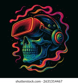 Illustrated skull with a VR headset and headphones is surrounded by vibrant lines against a dark background Perfect for digital art projects.