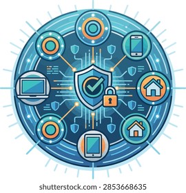 Illustrated smart home security network with connected devices and protection symbols