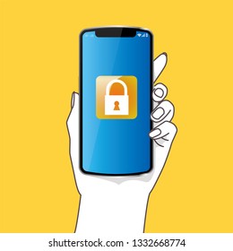 Illustrated smartphone in hand, smartphone with padlock displayed on screen, image of security, female hand, vector data