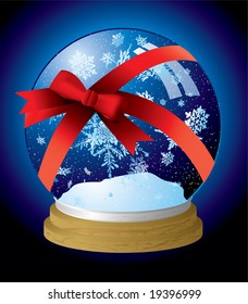 Illustrated snow globe with a red ribbon present wrapped