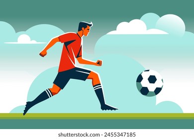 Illustrated soccer player kicking ball on football field. Fitness concept. Flat vector illustration