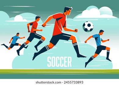 Illustrated soccer players kicking ball on football field. Fitness concept. Flat vector illustration