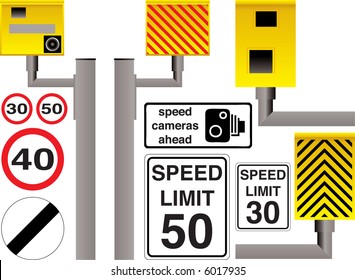 Illustrated speed camera selection with additional limit signs and warnings