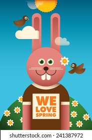 Illustrated spring poster with funny rabbit. Vector illustration