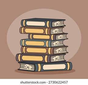Illustrierter Stapel von sechs Vintage-Büchern mit bunten Stacheln und leeren Etiketten, perfekt für Themen aus den Bereichen Bildung, Wissen, Lesen oder Bibliotheksdesign.