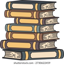 Pilha ilustrada de seis livros de estilo vintage com espinhas coloridas e rótulos em branco, perfeito para temas de educação, conhecimento, leitura ou projetos de design de biblioteca.