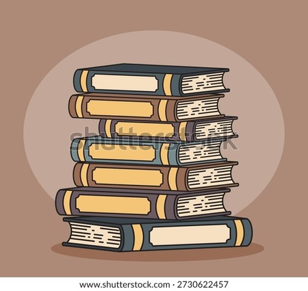 Illustrated stack of six vintage style books with colorful spines and blank labels, perfect for themes of education, knowledge, reading, or library design projects.