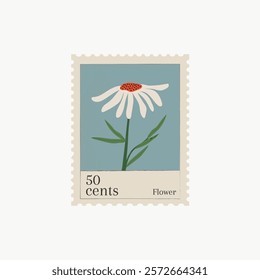 Illustrated stamp featuring a daisy flower. The flower stamp shows a daisy with white petals. Vintage stamp design with a daisy flower motif. Vintage illustration isolated on white, vector.