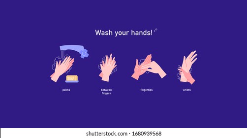 Illustrated step by step detailed instruction how to wash your hands properly