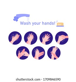 Illustrated step by step instruction how to wash your hands properly. Covid-19 hands hygiene instruction. 