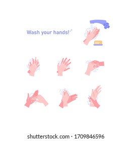 Illustrated step by step instruction how to wash your hands properly. Covid-19 hands hygiene instruction. 